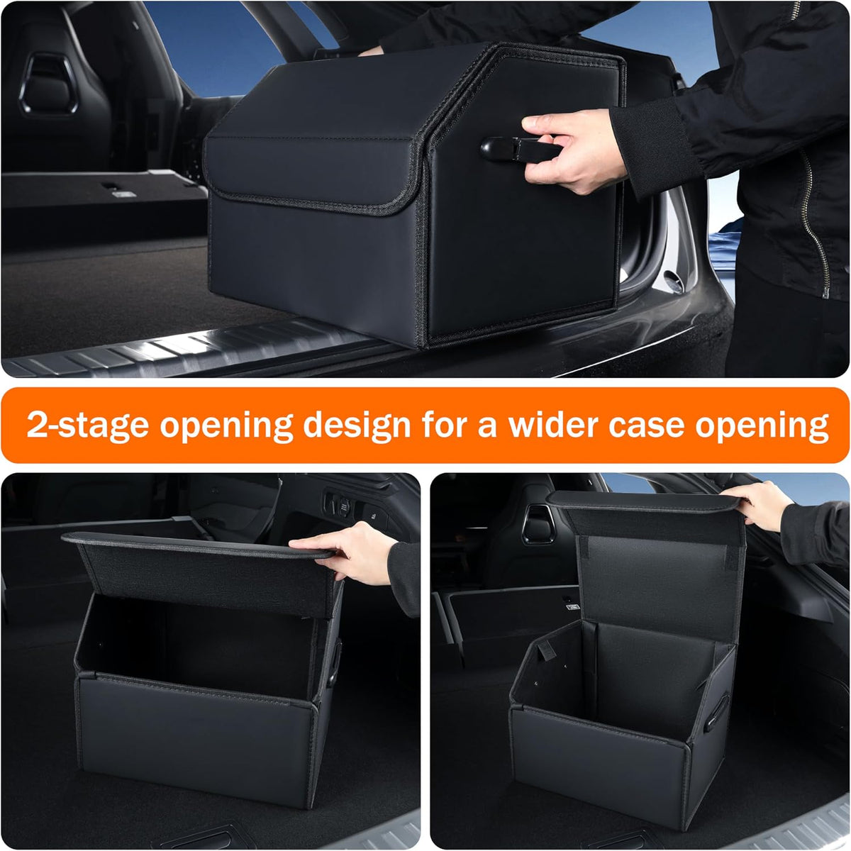 Trunk Organizer,car organizers and storage for suv,black Leather Storage Box with lid,Fiberboard,Collapsible(15''L x 13''W x 12.4''H,2K inches³)
