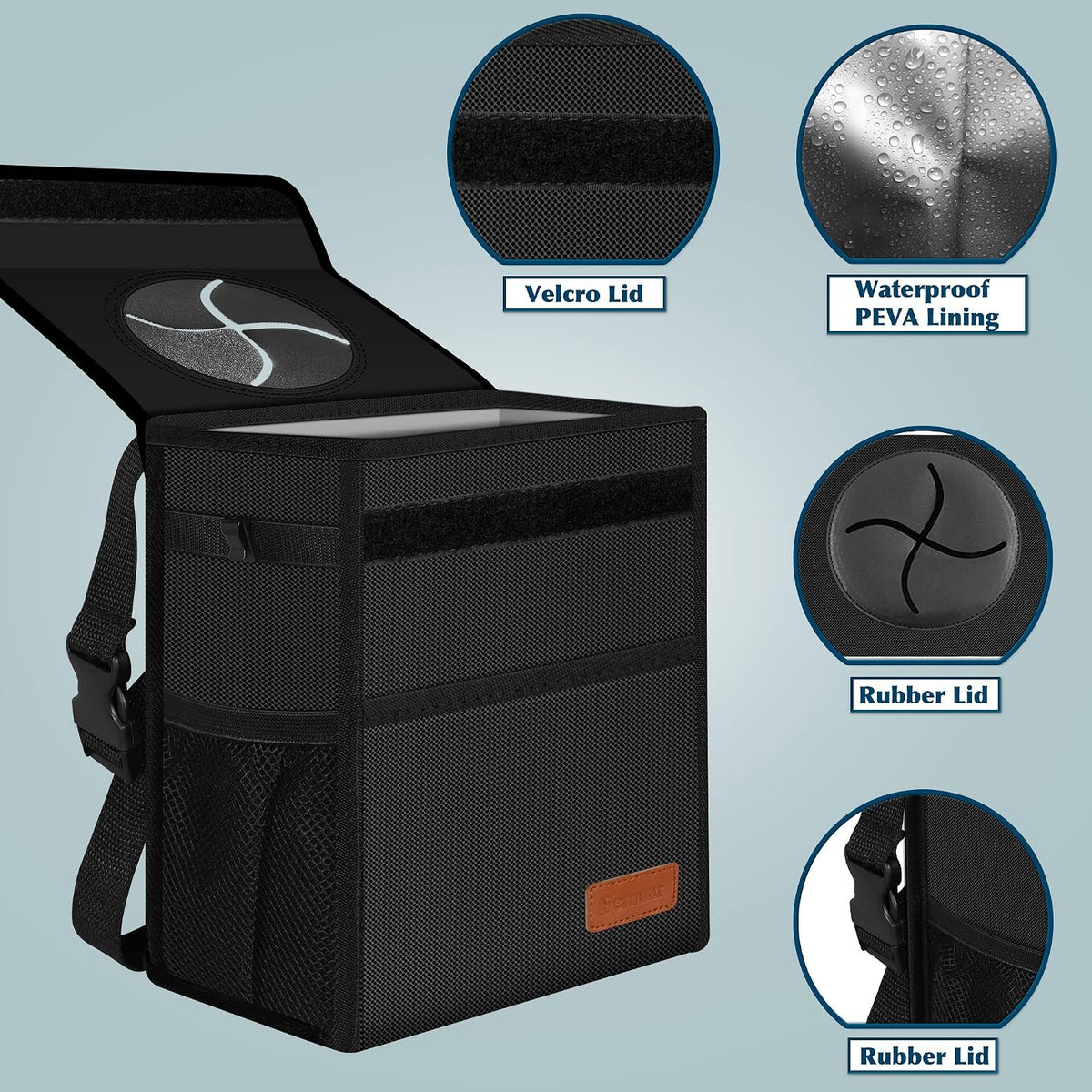 Femuar Leak Proof Car Trash Can with Lid - Waterproof Automotive Garbage Bin for SUVs, Collapsible and Portable Car Trash Bag, Black