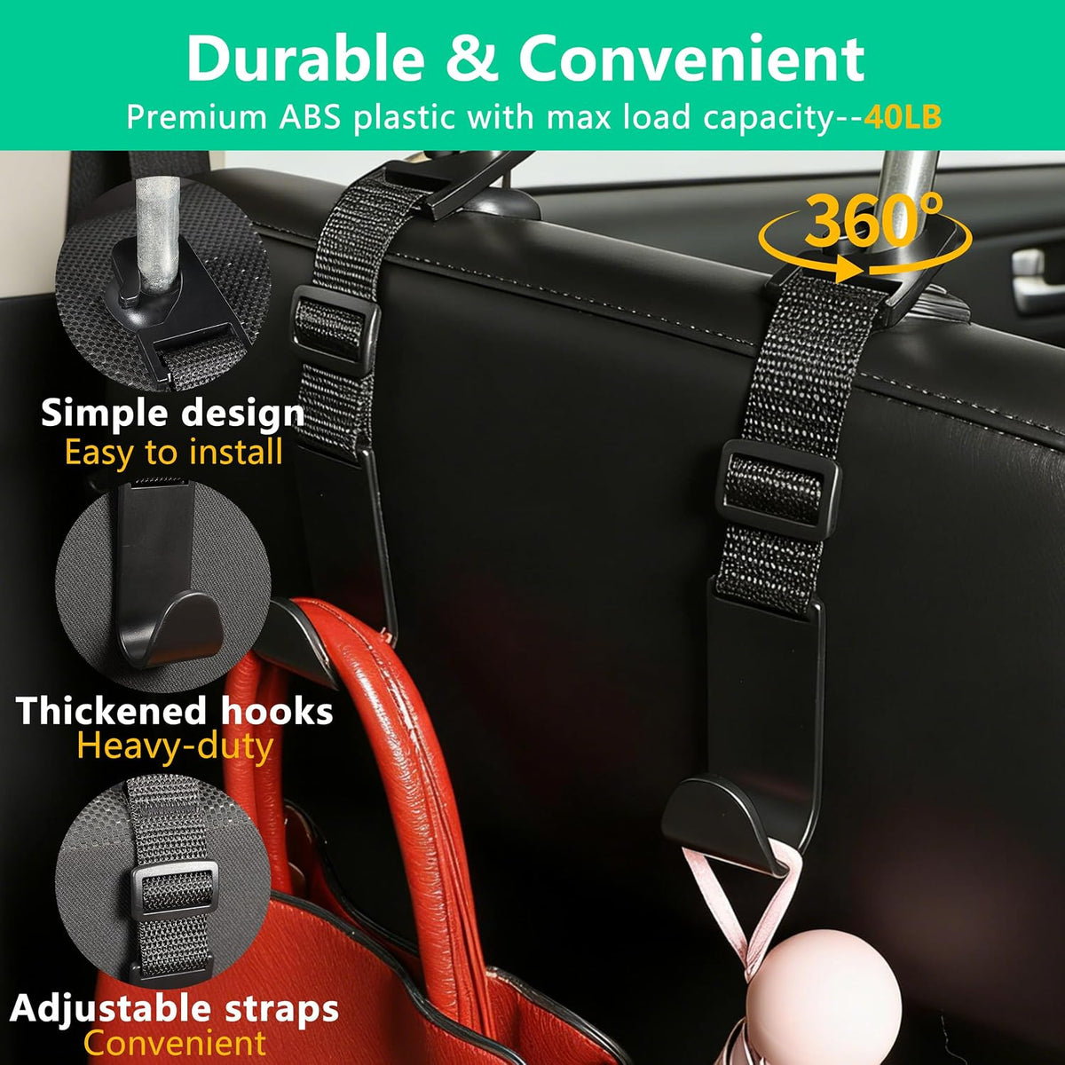 Amooca Adjustable Car Headrest Hooks 4 Pack Vehicle Seat Hanger for Bags