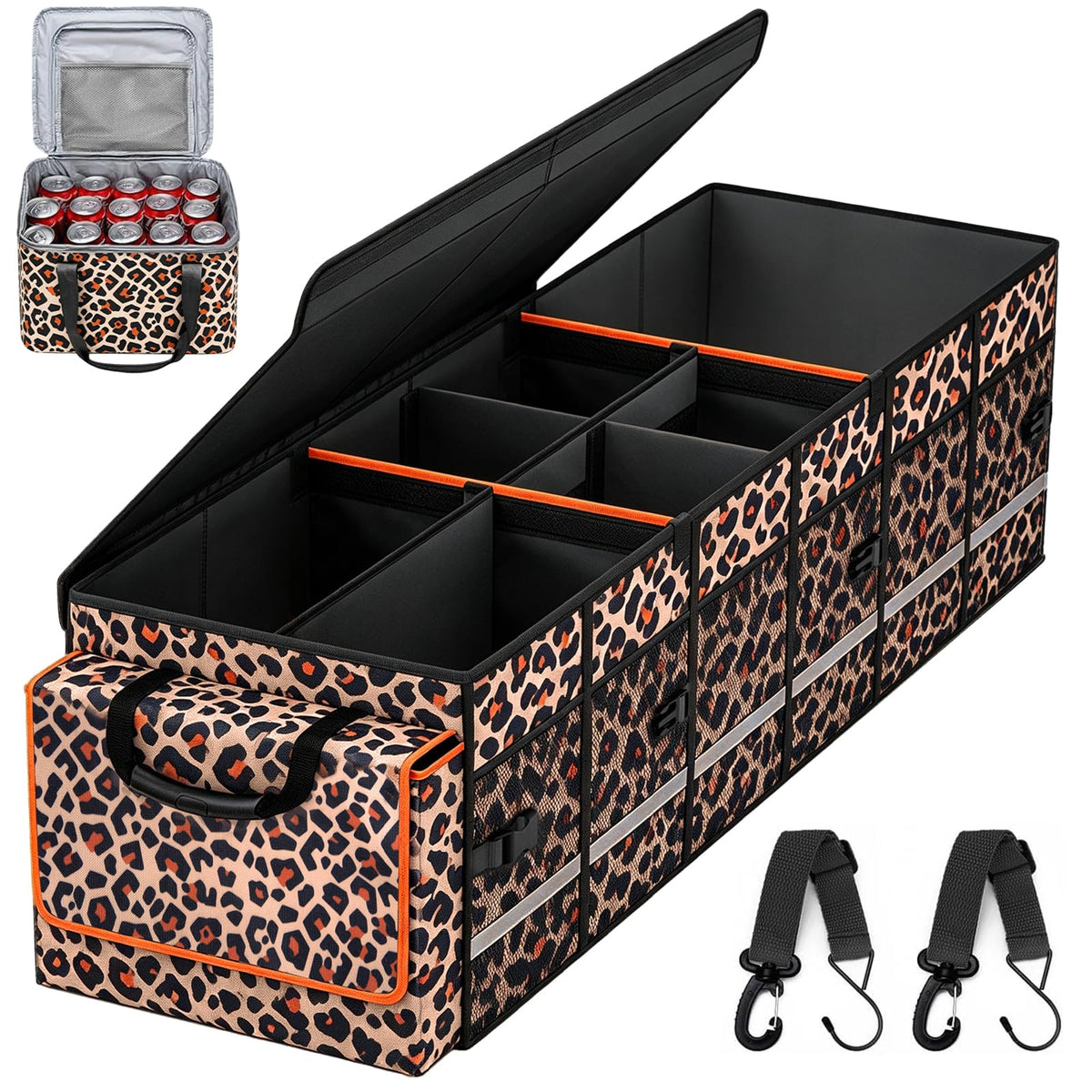 Car Trunk Organizer and Storage with Lid & Removable Leakproof Cooler Bag, Car Accessories 6 Removable Dividers for Custom Space, Collapsible Large Trunk Organizers Interior for SUV Sendan with Cover