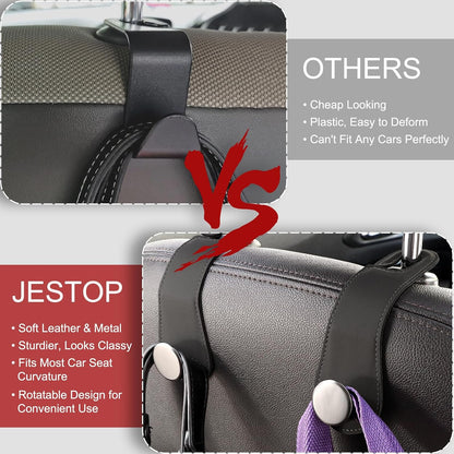 2 Pack Car Headrest Hooks Leather & Alloy Car Seat Storage Hangers, Black
