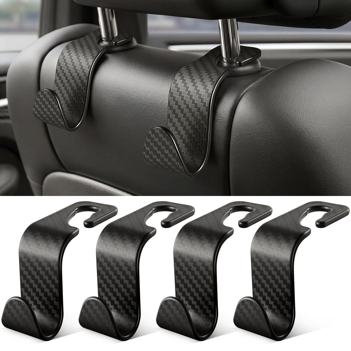 SINGARO Universal 4 Pack Car Seat Headrest Purse Hook, Carbon Fiber Back Seat Hook Storage Organizer Hanger for Purse Handbag Coat, Car Interior Accessories(Black)