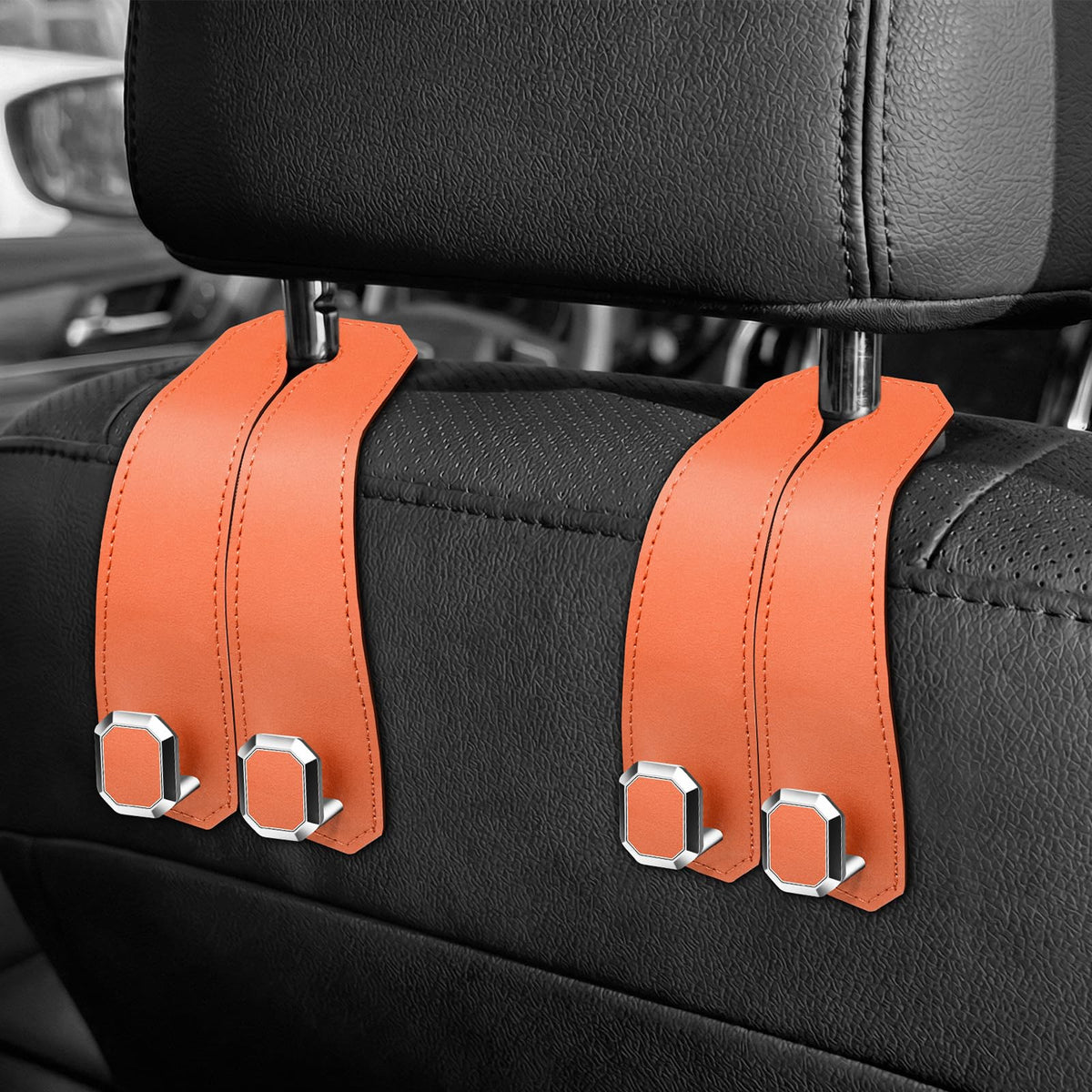 2PCS Car Hooks for Headrest, Faux Leather Purse Hook for Car Seat Back Organizers and Storage, Double Metal Purse Holder Bag Hanger, Universal Car Interior Accessories for Women Man