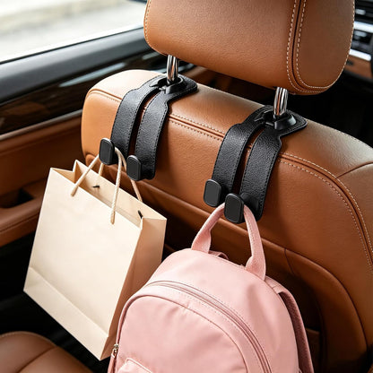TENOC Car Seat Headrest Hooks, Multifunctional Leather Car Seat Back Organizer Hooks, Heavy Duty Car Interior Storage Accessories for Shopping Bags, Groceries, Clothes, Handbags