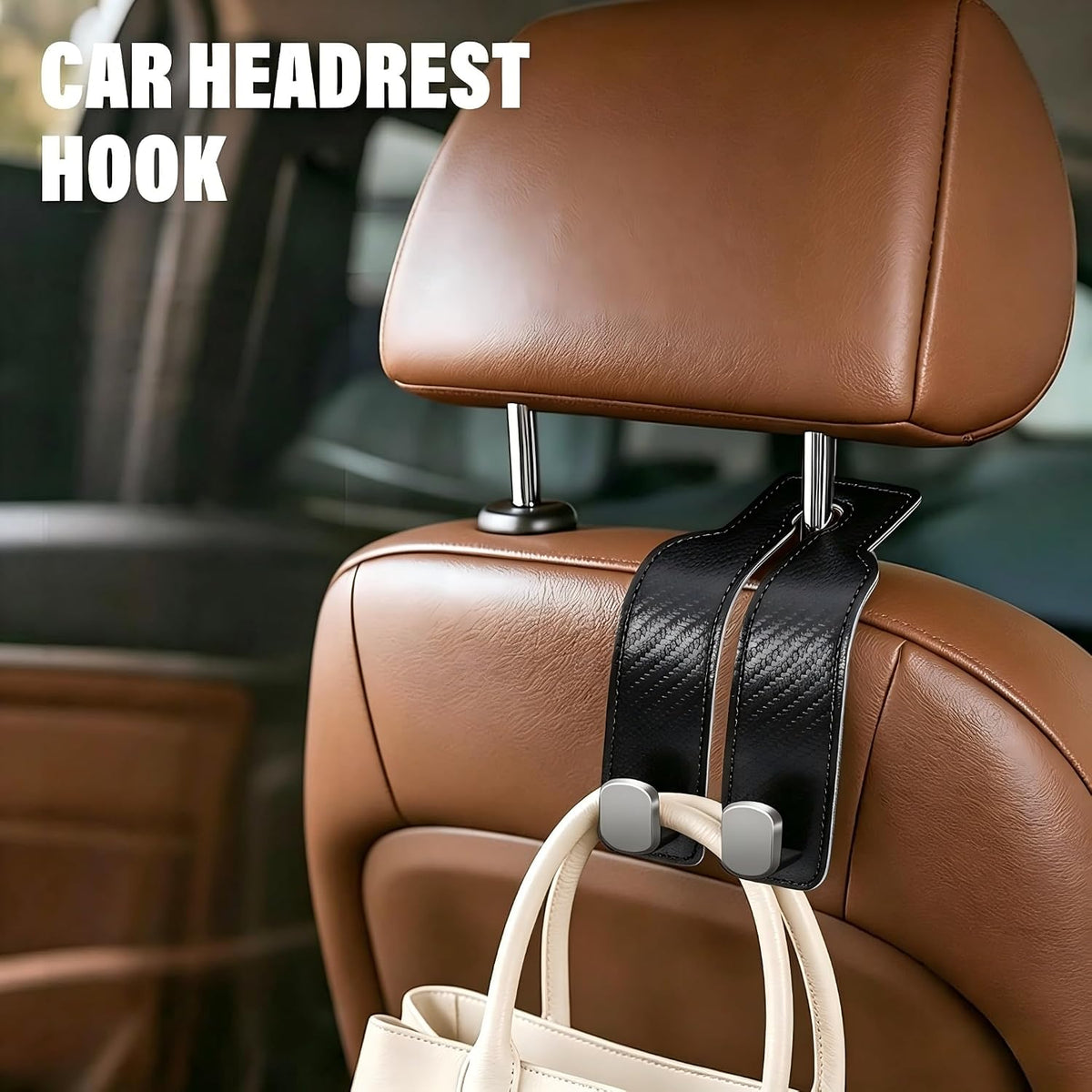 Universial Hooks for Car Seat Headrest, 2Packs Headrest Hooks for Car, Organizer for Purses and Bags, Vehicle Seat Storage Hooks, Essential for Car Travel, Space-Saving, Durable Leather