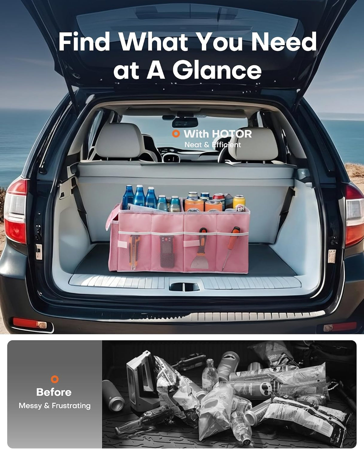 HOTOR Trunk Organizer - Foldable Car Organizer for SUVs & Sedans Storage