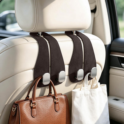 SINGARO 2PCS Car Purse Holder Hook, Seat Back Storage Hook, Leather-Wrapped Alloy Double Headrest Hook for Purses & Bags, Cute Car Interior Accessories for Women and Men, Black