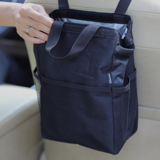 Ginsco New Leak-Proof Travel Trash Bag, Hanging Car Trash Can with Hook and Loop Lid and Handle, Multipurpose Trash Bin with Storage Pockets for Car SUV Truck RV Camping 2 Gallons, Black