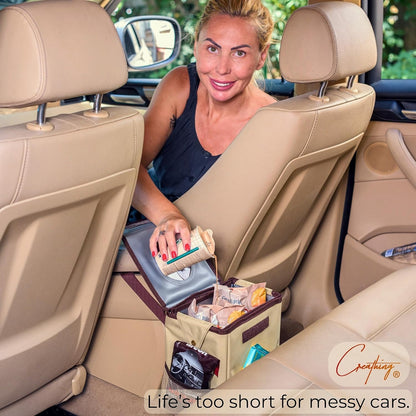 Creathing Car Trash Can [Touring Edition] - Removable Liner - 100% Leakproof, Odor Control Lid, Hanging Garbage Bin for SUV, Truck, Car (2 Gal, Beige)