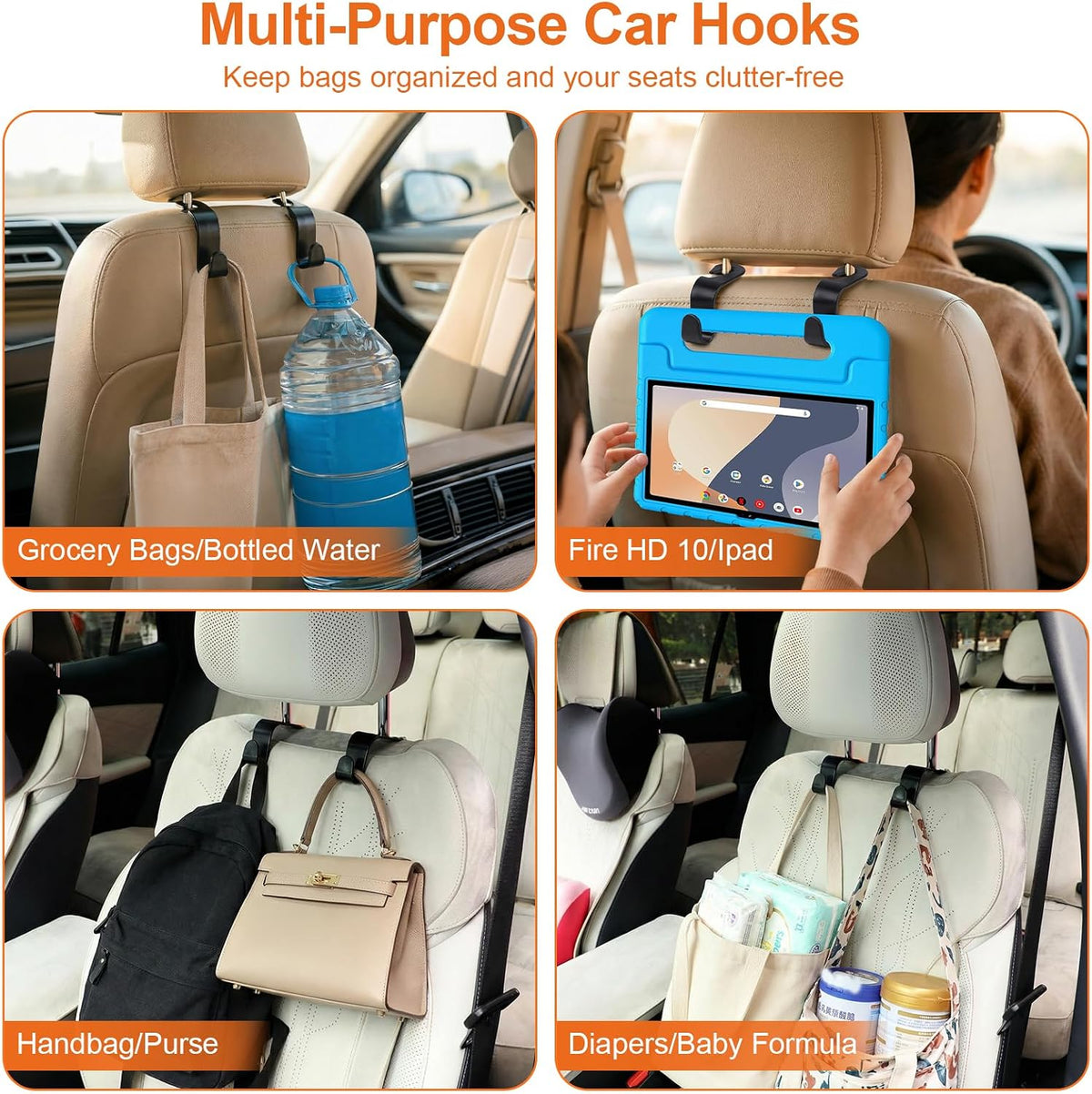 EZ COZY Purse Hook for Car 4 Pack, Deep Anti-Drop Car Seat Hooks for Headrest, Thick ABS Plastic Holds 55 Lbs, Heavy Duty Car Purse Holder & Car Accessories Interior for Handbags, Car Organizer Black