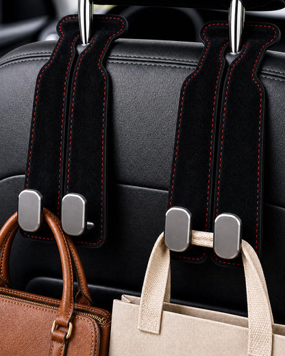 Car Headrest Hooks, 2 Pack Suede Leather Seat Hooks for Purses and Bags, Dual Hook Purse Holder for Seat Back and Passenger Glove Box, Universal Hangers for Handbags, Coats, Groceries, Black