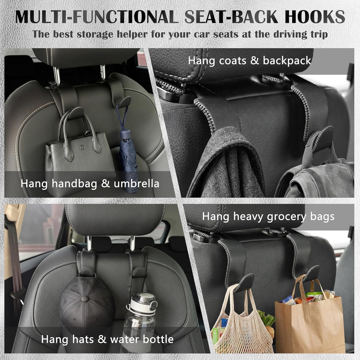 Car Seat Headrest Hook 55lb Heavy Duty Metal Hanger with Leather for Bags