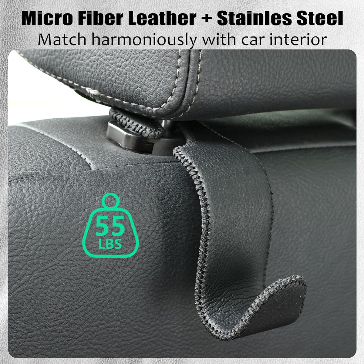 Car Seat Headrest Hook 55lb Heavy Duty Metal Hanger with Leather for Bags