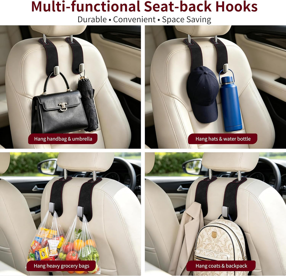 Amooca 2 Pack Car Headrest Hooks, Suede Wrapped Metal Hanger for Bags