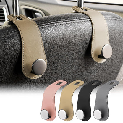 2 Pack Car Headrest Hooks Leather & Alloy Car Seat Storage Hangers, Black