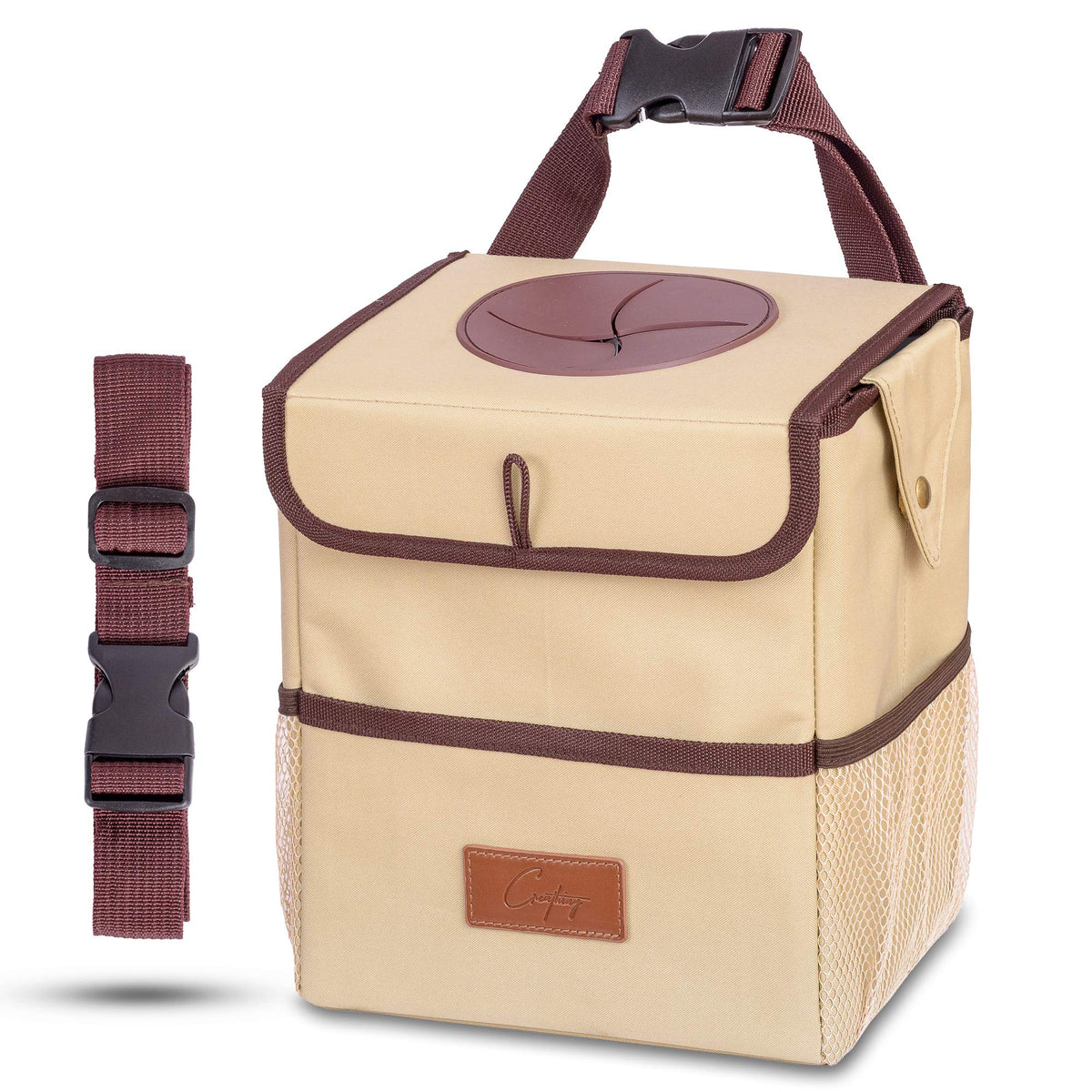 Creathing Car Trash Can [Touring Edition] - Removable Liner - 100% Leakproof, Odor Control Lid, Hanging Garbage Bin for SUV, Truck, Car (2 Gal, Beige)