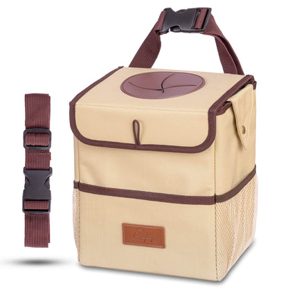 Creathing Car Trash Can [Touring Edition] - Removable Liner - 100% Leakproof, Odor Control Lid, Hanging Garbage Bin for SUV, Truck, Car (2 Gal, Beige)