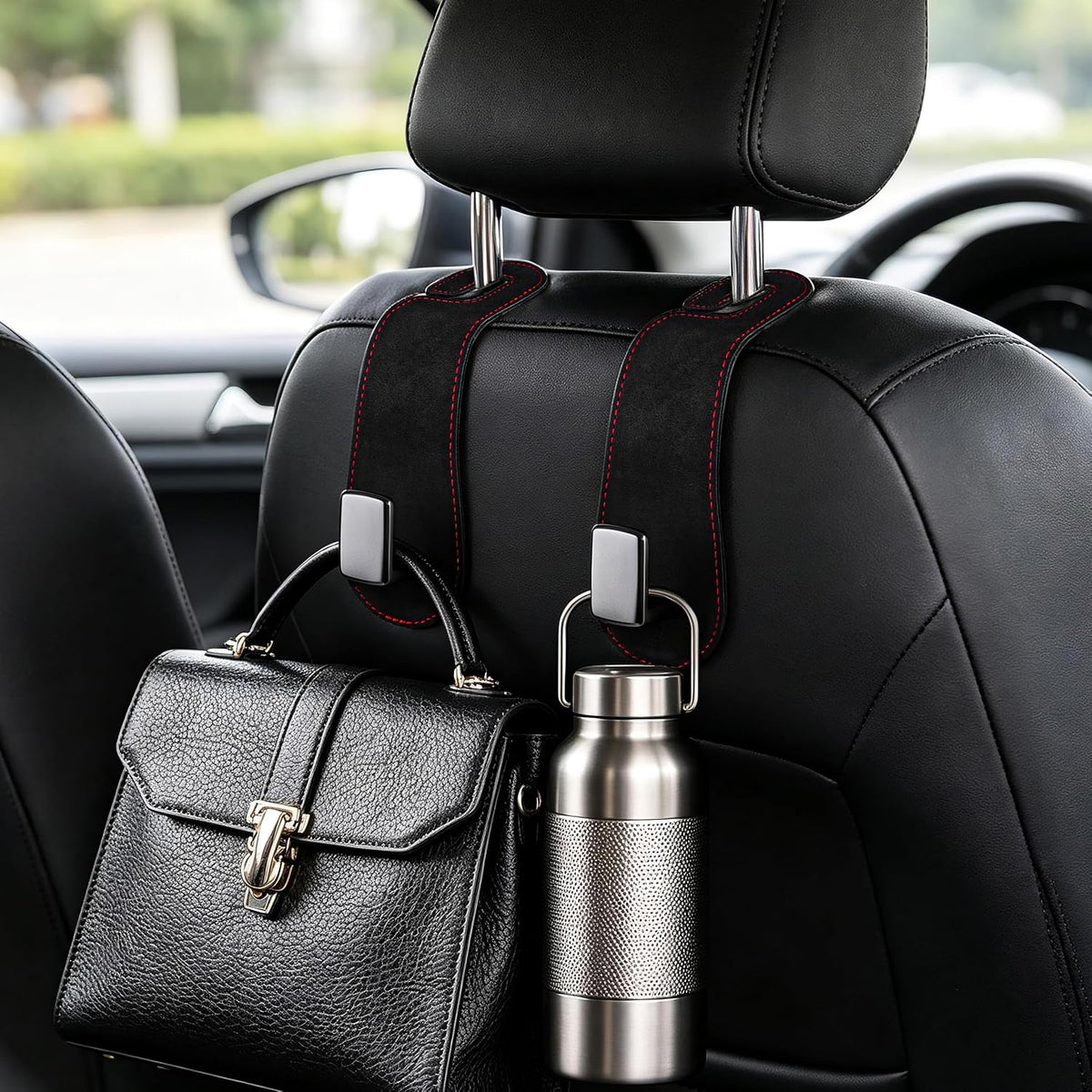 Amooca 2 Pack Car Headrest Hooks, Suede Wrapped Metal Hanger for Bags