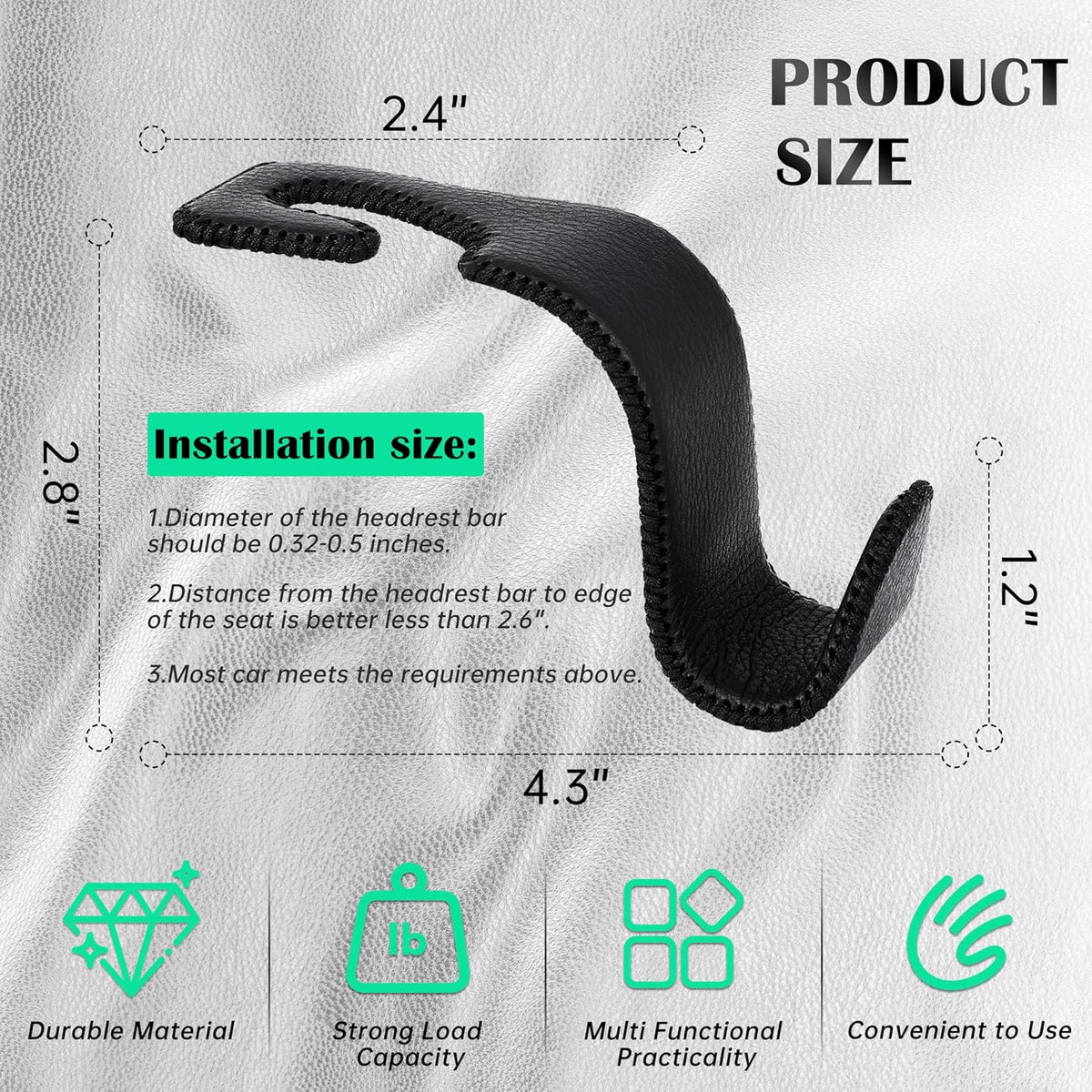 Car Seat Headrest Hook 55lb Heavy Duty Metal Hanger with Leather for Bags