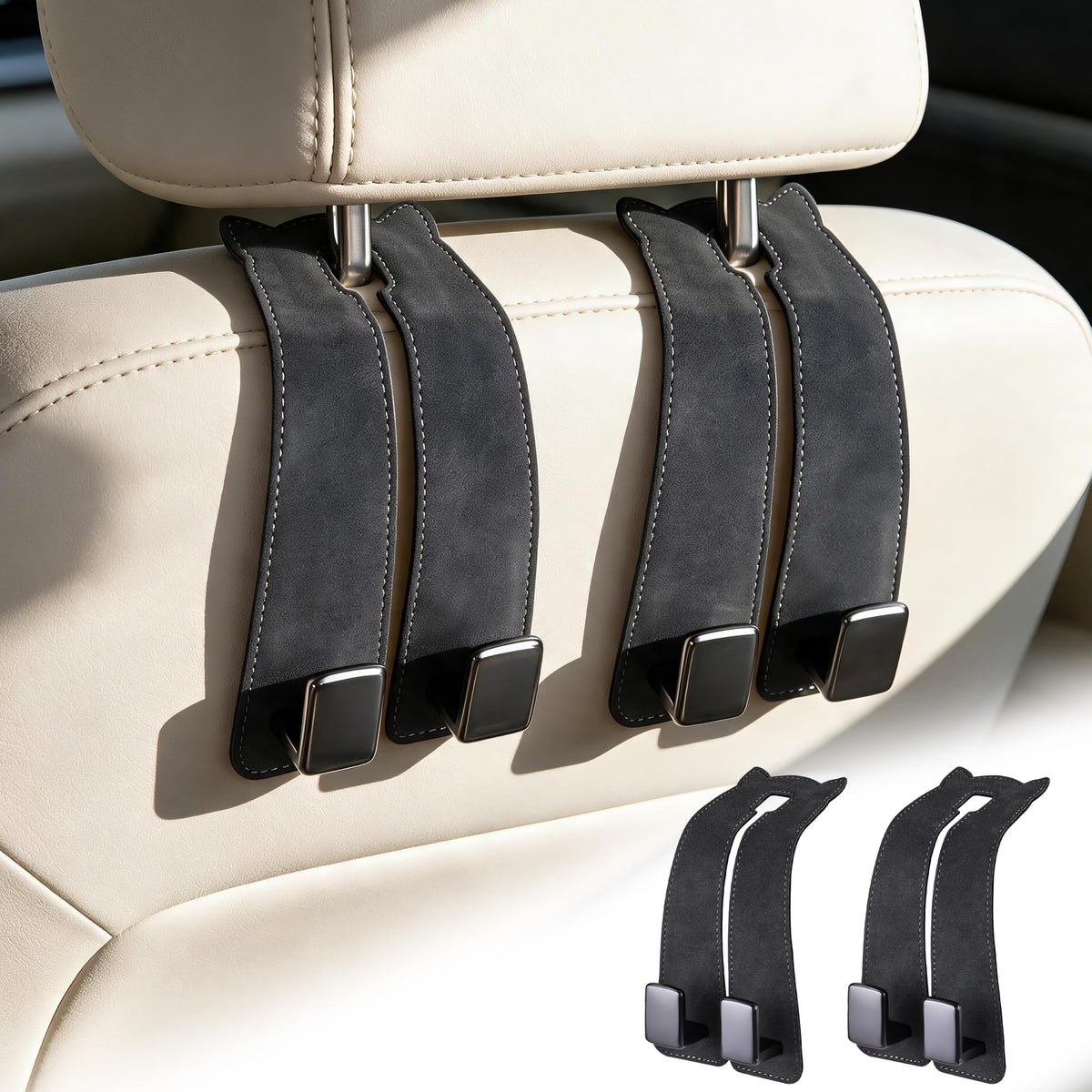 Amooca Car Headrest Hooks 2-Pack Suede Seat Organizer with Metal Core