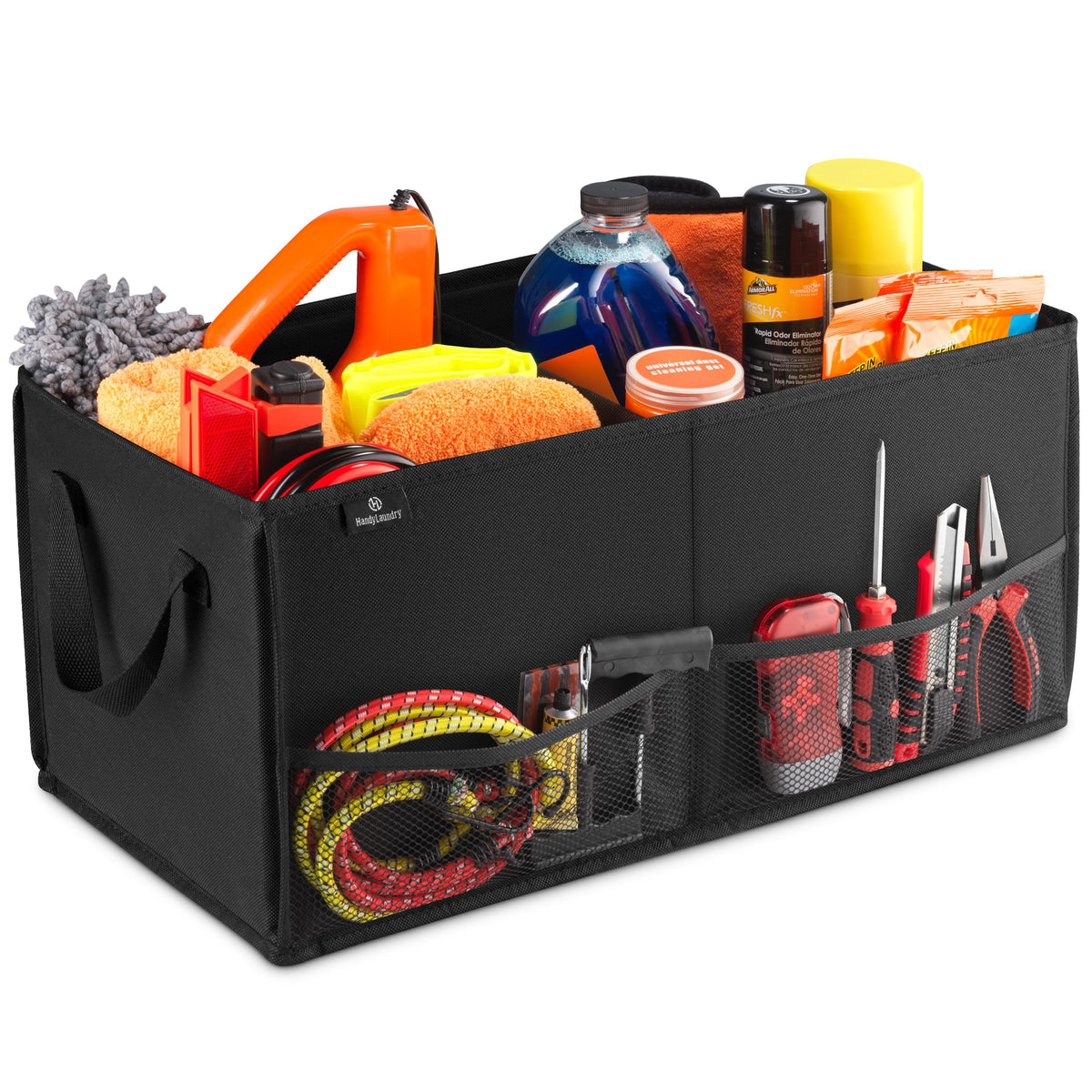 Handy Laundry Car Trunk Organizer – Large 2 Compartment Storage Bin with Non-Slip Fastener, Mesh Side Pockets & Heavy-Duty Handles, 22 x 10 x 11 in, Black – Prevents Shifting & Rolling
