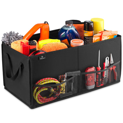 Handy Laundry Car Trunk Organizer – Large 2 Compartment Storage Bin with Non-Slip Fastener, Mesh Side Pockets & Heavy-Duty Handles, 22 x 10 x 11 in, Black – Prevents Shifting & Rolling