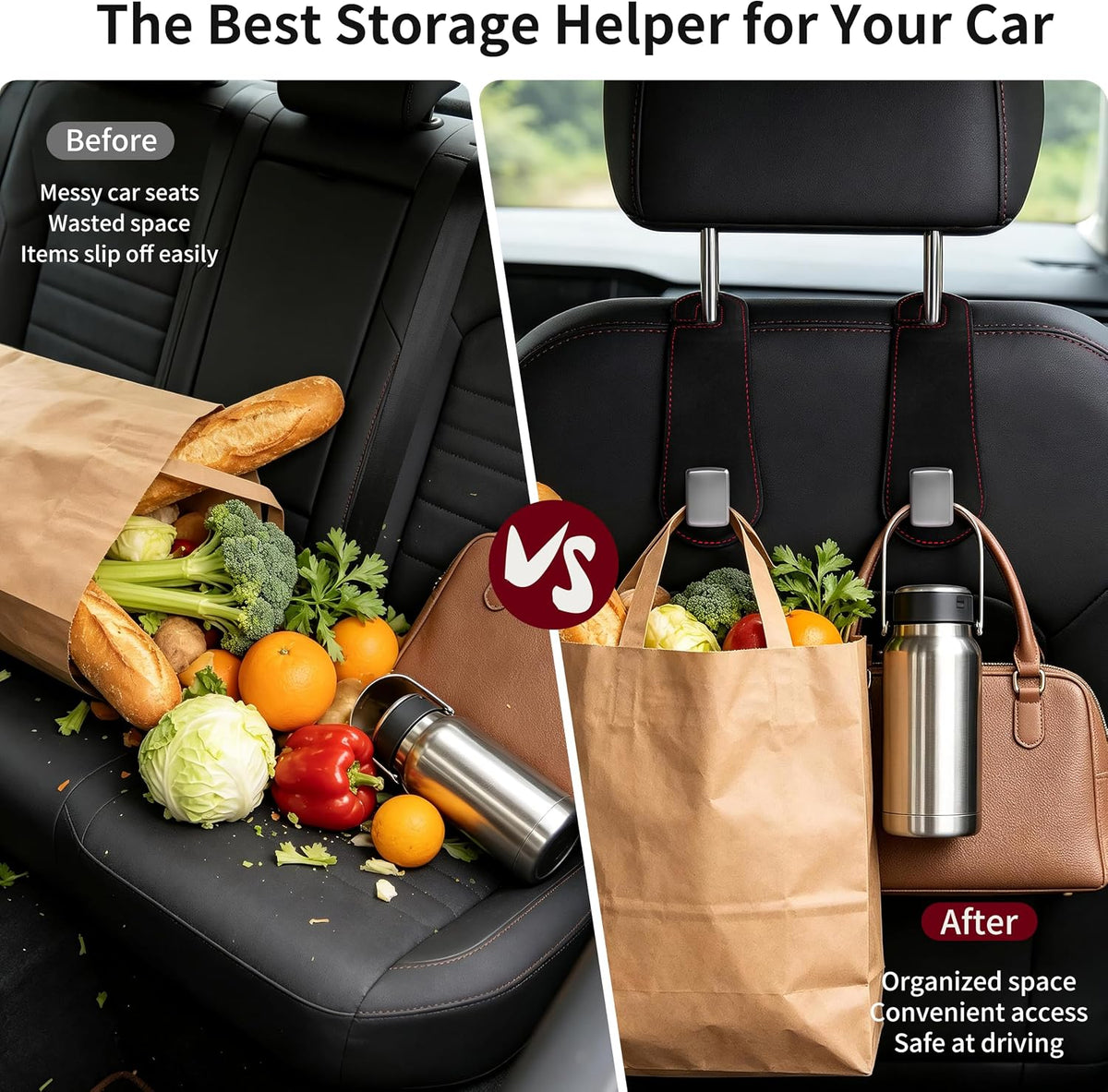 Amooca 2 Pack Car Headrest Hooks, Suede Wrapped Metal Hanger for Bags