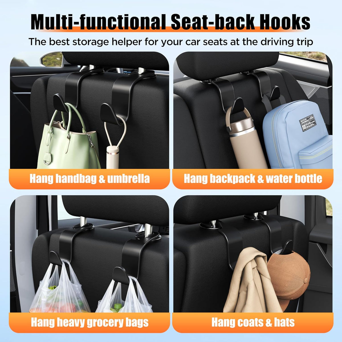 Amooca Car Seat Headrest Hooks 4-Pack Storage Organizer Holds 55 lbs