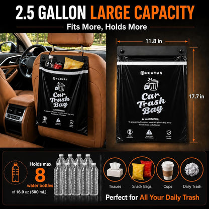 Noaman 50PCS 1 Pack Car Trash Bags, 2.5 Gal Disposable Garbage Bags for Car, SUV, Truck and RV, Leak-Resistant Odor-Control Bags, Stick-On or Headrest Mount, Alternative to Car Trash Can, Black