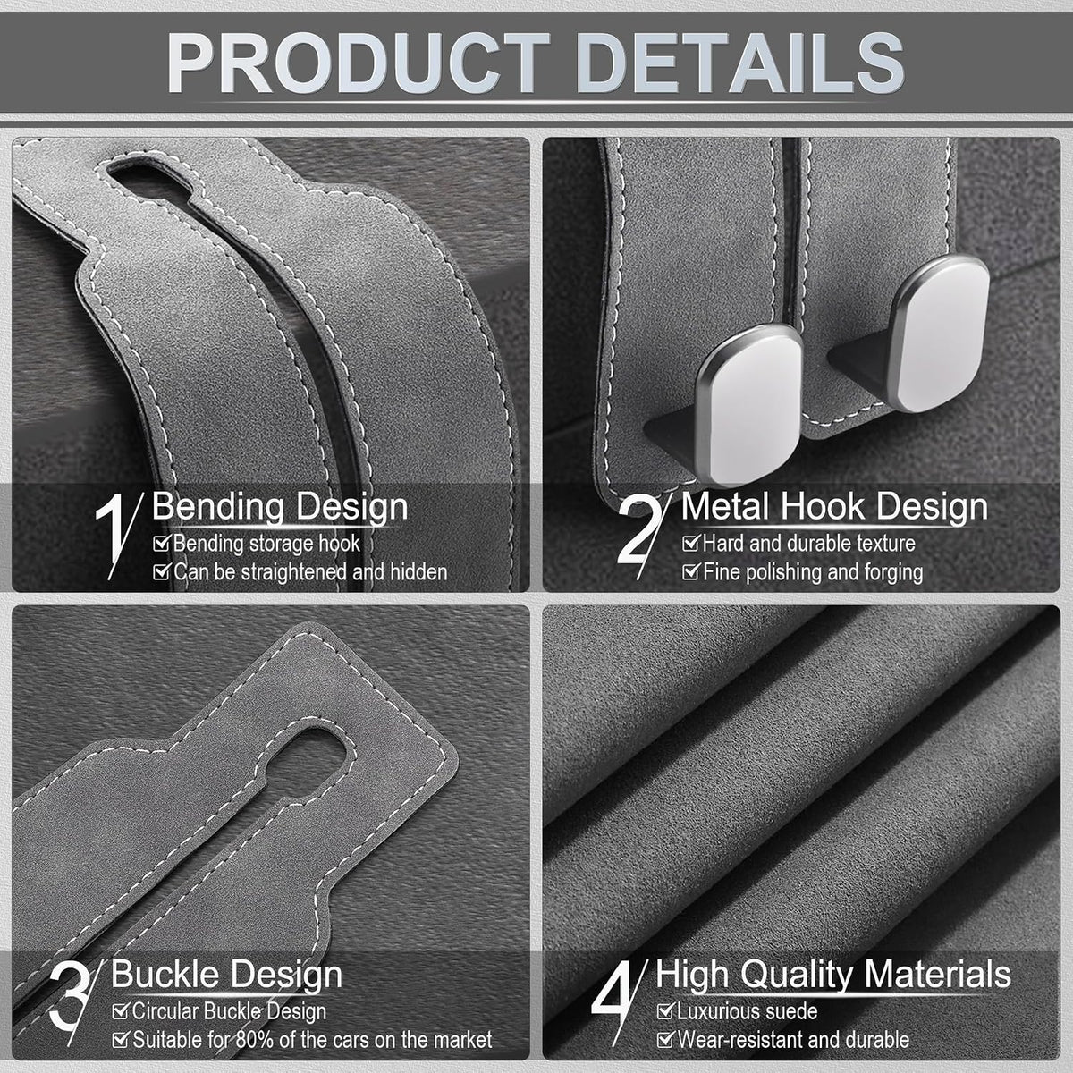 LivTee Headrest Purse Hook for Car, Seat Hook Hangers Storage Organizer for Bags and Coats Holder, Upgrade Leather Double Hook and Mobile Phone Holder for Universal Vehicle Car Accessories (Grey)