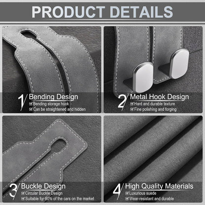 LivTee Headrest Purse Hook for Car, Seat Hook Hangers Storage Organizer for Bags and Coats Holder, Upgrade Leather Double Hook and Mobile Phone Holder for Universal Vehicle Car Accessories (Grey)