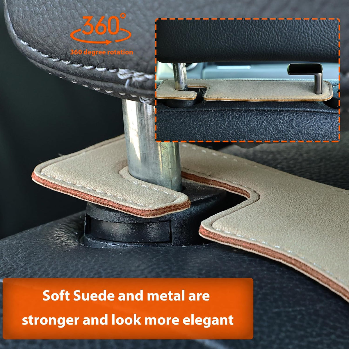 Heavy-Duty Car Headrest Hooks Holds 44lb Suede & Metal Hangers for Bags