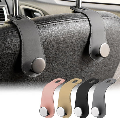 2 Pack Car Headrest Hooks Leather & Alloy Car Seat Storage Hangers, Black