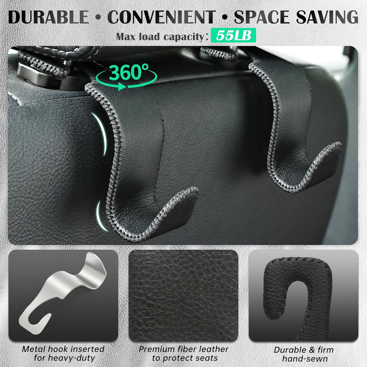 Car Seat Headrest Hook 55lb Heavy Duty Metal Hanger with Leather for Bags