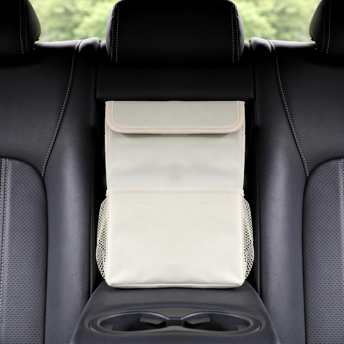 AOKJOY Car Garbage can with lid Leak Proof Vehicle Trash Can 3 Storage Pockets Hanging Waterproof car Trash Bag for SUV Beige