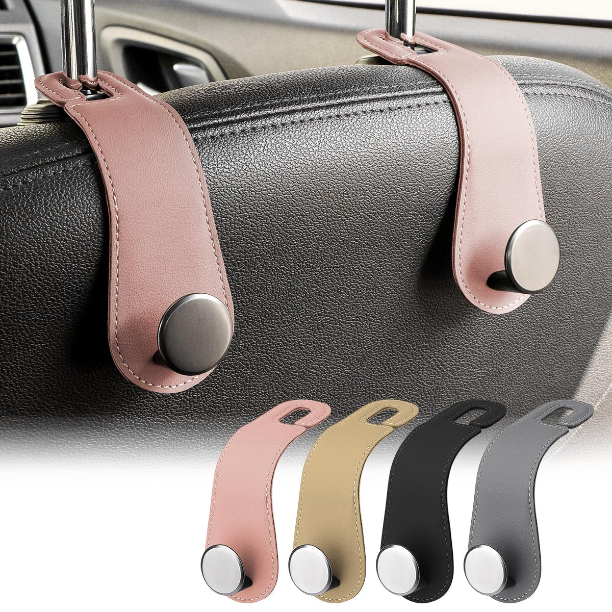 2 Pack Car Headrest Hooks Leather & Alloy Car Seat Storage Hangers, Black