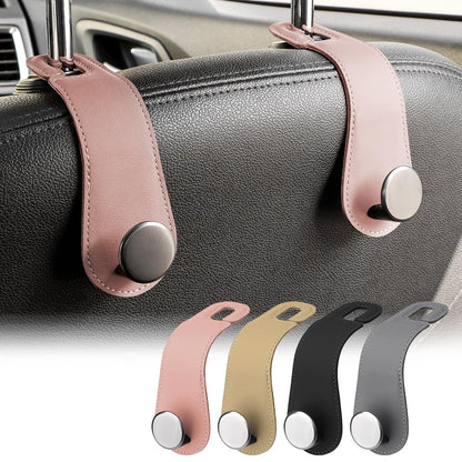 2 Pack Car Headrest Hooks Leather & Alloy Car Seat Storage Hangers, Black