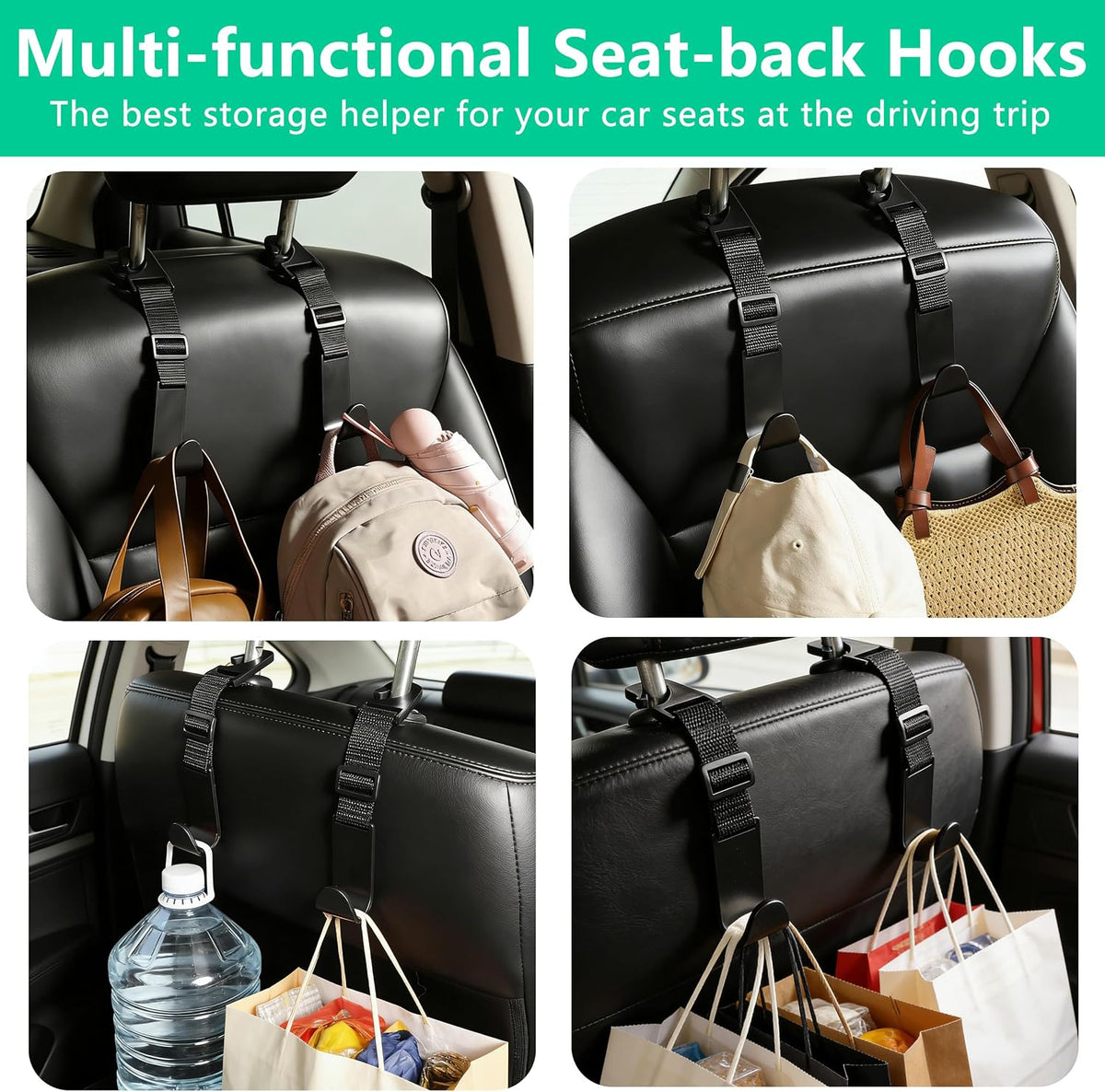 Amooca Adjustable Car Headrest Hooks 4 Pack Vehicle Seat Hanger for Bags