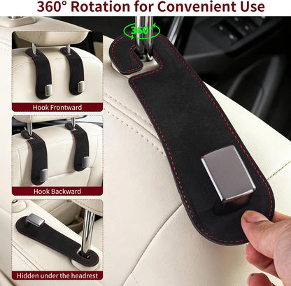 Amooca 2 Pack Car Headrest Hooks, Suede Wrapped Metal Hanger for Bags