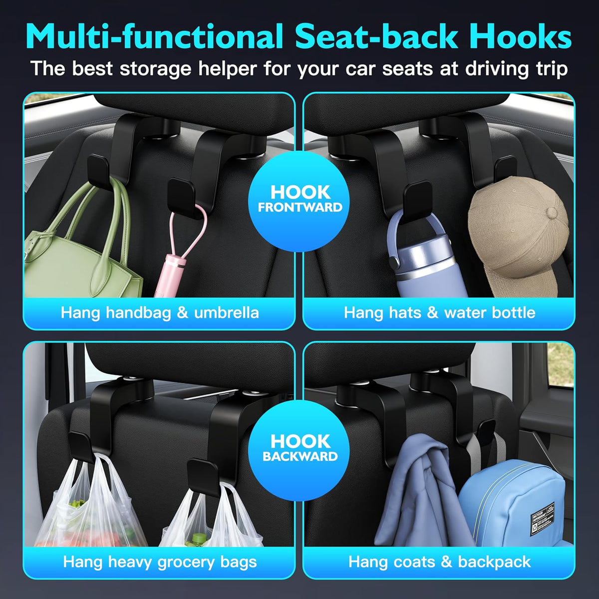 Amooca Anti-drop Car Seat Hooks Heavy Duty 55lb Headrest Hanger 2 Pack