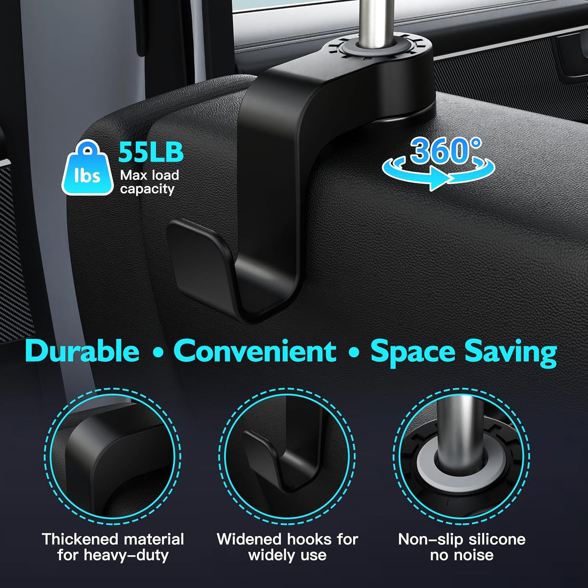 Amooca Anti-drop Car Seat Hooks Heavy Duty 55lb Headrest Hanger 2 Pack