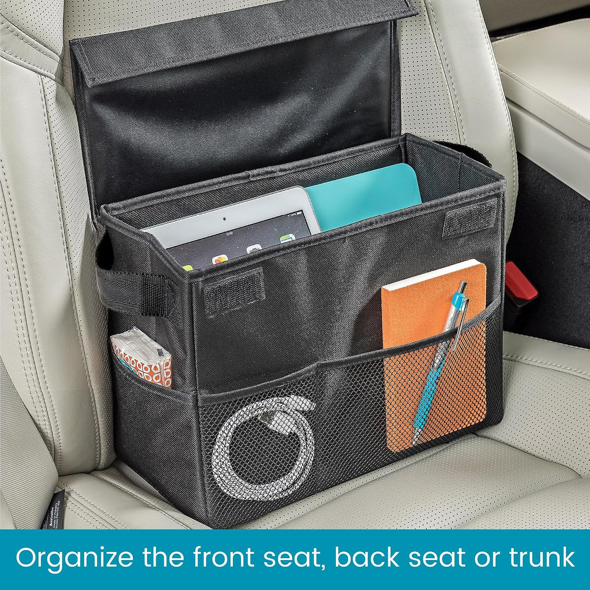 Carganizer Car Storage Bin with Lid for Front Seat, Back Seat or Trunk